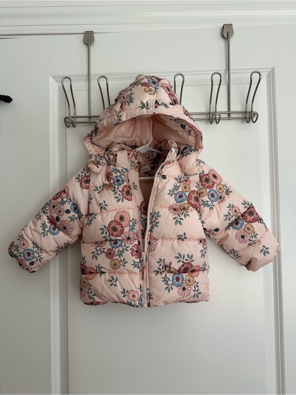 H&M Fleece Lined Pink Floral Puffer Jacket 12-18 months